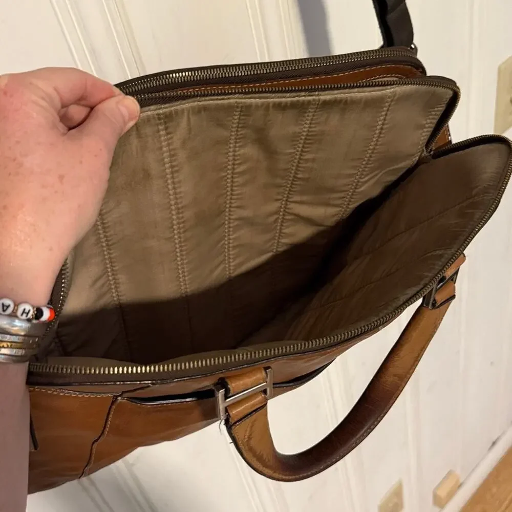 Tumi vintage brown leather minimalist crossbody messenger laptop briefcase bag